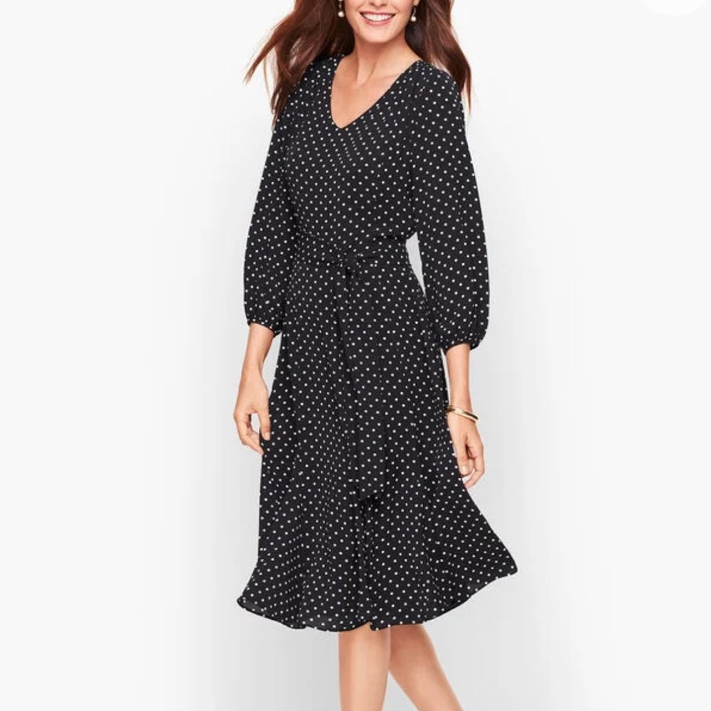 Talbots Black Polka Dot V-Neck Tie-Waist Midi Dress